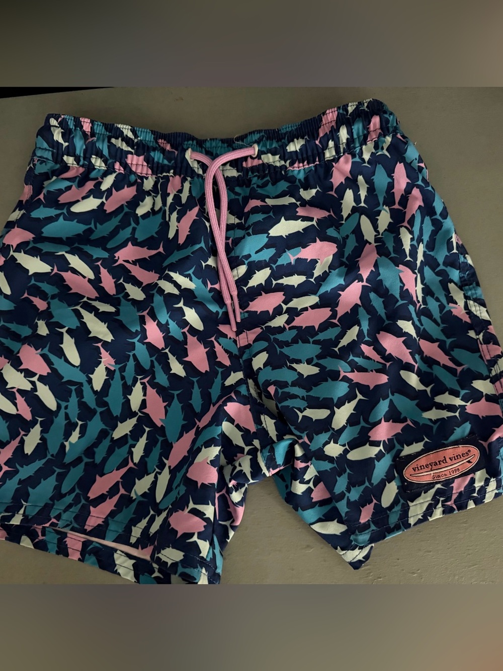 Vineyard Vines Boys Shark Swim Trunks - Navy, Pink & Teal